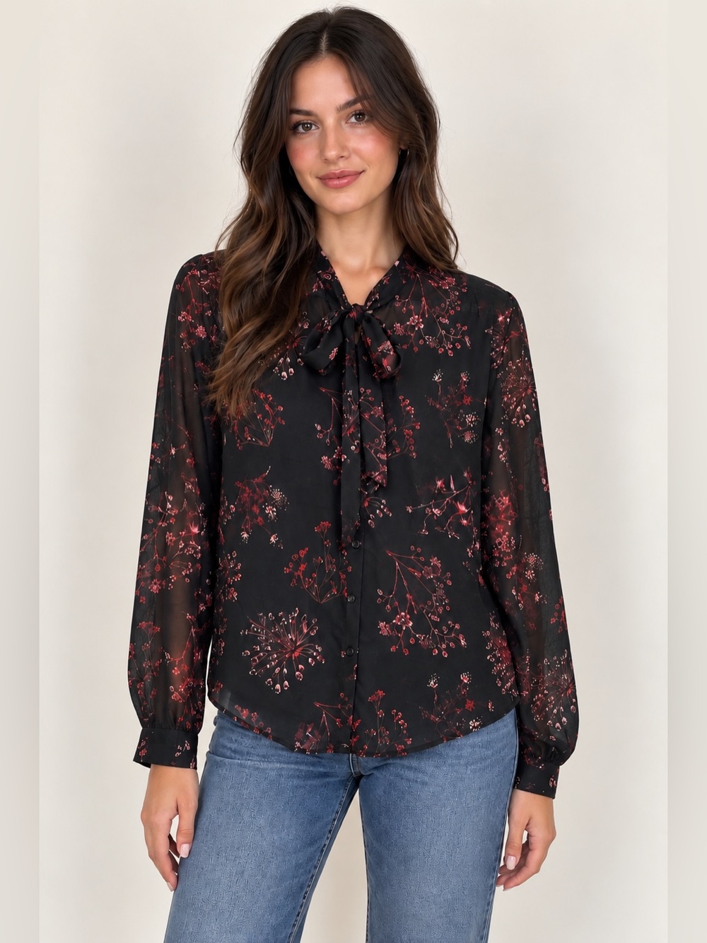 Reitmans Black Floral Print Tie Neck Chiffon Blouse Large